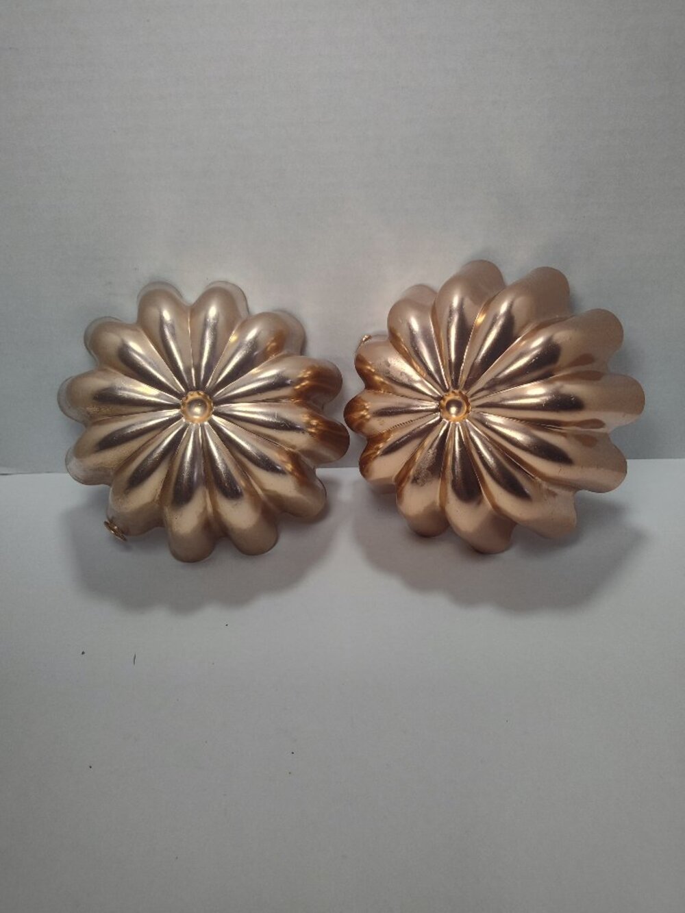 Pair Vintage Copper Jello Mold Wall Hanging Fluted Flower Bundt Kitchen Decor